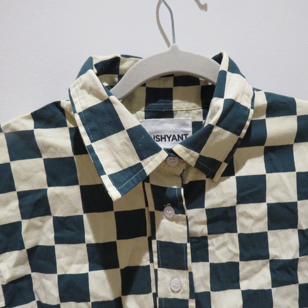 DUSHYANT Hand Printed 'The Cami' Crop Shirt in Green & White Chessboard Mod XS - Picture 4 of 13